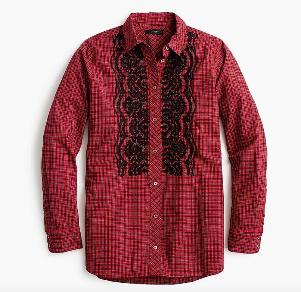 J Crew Red Holiday Plaid Black Embellished Button-Down Long Sleeve Boy Shirt 2P